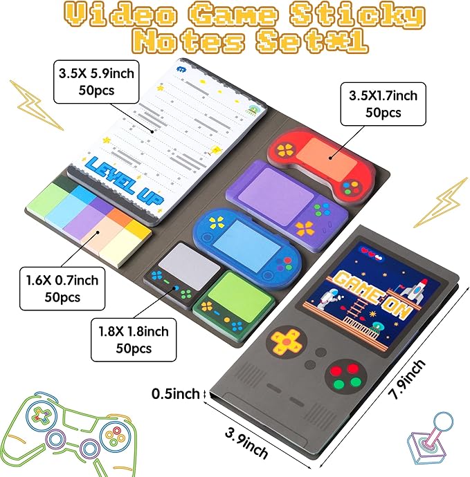 B1ykin Cute Sticky Notes Set - Level Up Video Game Shaped Self-Stick Notes Pad, 550 Sheets Writing Memo Pages Sticky Notepad for Teacher Appreciation Gifts, School Office Supplies (Video Game)