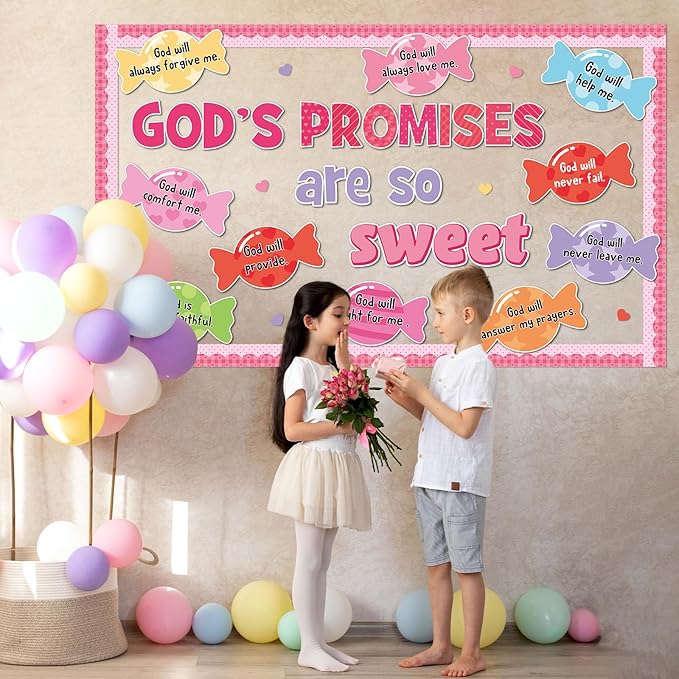 Valentine's Day Sweet Candy Bulletin Board Set Christian Classroom Decorations Valentines Religious God’s Promises Candy Paper Cutouts for Sunday School Church Office Home Chalkboard Wall Door Decor