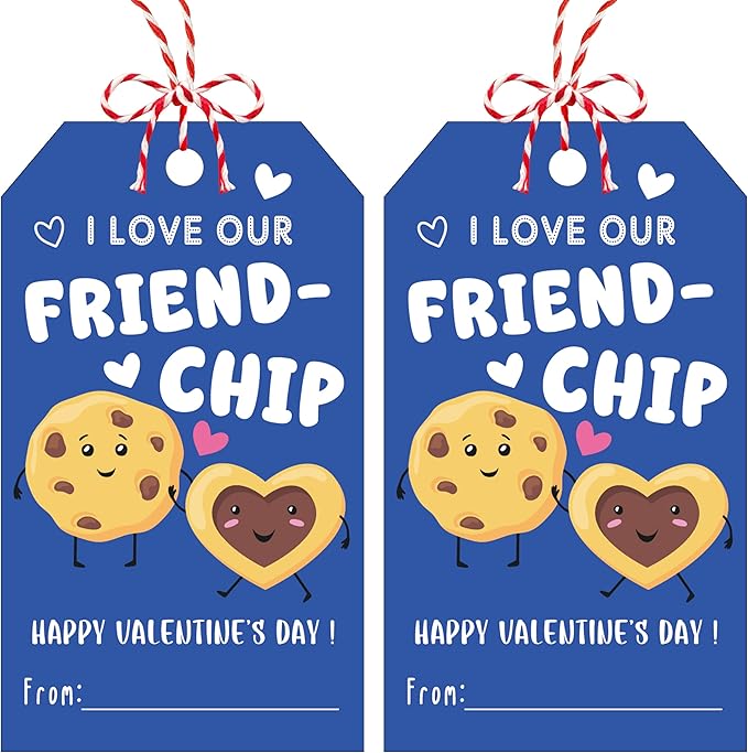 50Pcs Friend-chip Valentines Tags, Cookie Valentines Gift Label with String, Hanging Paper Gift Label for Cookie Bag, Idea Valentine's Activity School Classroom Party Favors