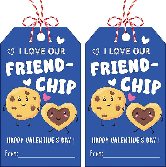 50Pcs Friend-chip Valentines Tags, Cookie Valentines Gift Label with String, Hanging Paper Gift Label for Cookie Bag, Idea Valentine's Activity School Classroom Party Favors