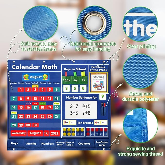 Boczif Daily Math Calendar Classroom Pocket Chart, Math Activities Educational Pocket Chart Teaching Calendar All About Number Activities for Counting, Problem –Solving, Elementary and Pre-school