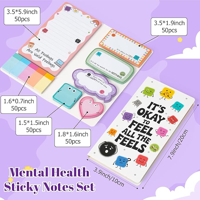 B1ykin Cute Sticky Notes Set - It’s Okay To Feel All The Feels Self-Stick Notes Pad, 550 Sheets Writing Memo Pages Sticky Notepad for Teacher Appreciation Gifts, School Office Supplies (Mental Health)