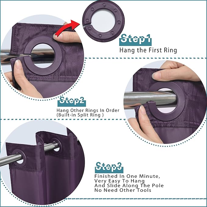 Conbo Mio Extra Wide No Hook Shower Curtain with Snap in Liner Set, 108" x 74" Hotel Luxury Purple Shower Curtains for Bathroom with See Through Top Window, Waterproof, Washable 108W x 74H