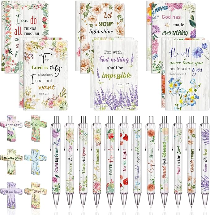 36 Pcs Christian Bulk Gifts for Women Include 12 Mini Bible Verse Notepads, 12 Scripture Ballpoint Pens & 12 Magnetic Cross Bookmarks, Cute Religious Notebooks Gifts Prizes Party Favors, 3.5"x5.5"