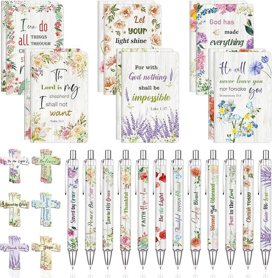 36 Pcs Christian Bulk Gifts for Women Include 12 Mini Bible Verse Notepads, 12 Scripture Ballpoint Pens & 12 Magnetic Cross Bookmarks, Cute Religious Notebooks Gifts Prizes Party Favors, 3.5"x5.5"