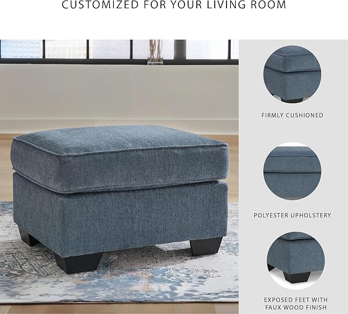Signature Design by Ashley Cashton Contemporary Accent Ottoman with Faux Wood Finished Exposed Feet, Foam Cushion, Crosshatched Upholstery, 30" by 24", Blue