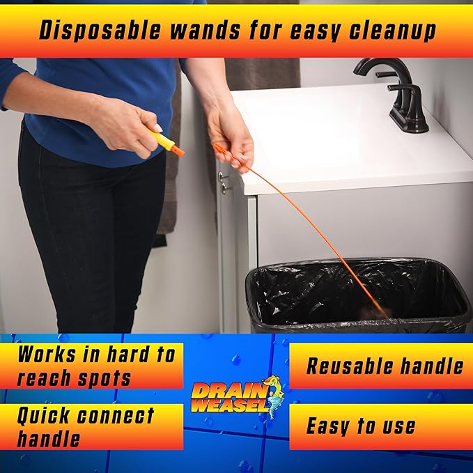 FlexiSnake Drain Weasel Refill - Sink Snake Hair Clog Remover Tool, Sink, Pipe, Bathroom, Bathtub Drain Cleaner, 18-inch Long Flexible Disposable Wands, Made in The USA, 10 Pack