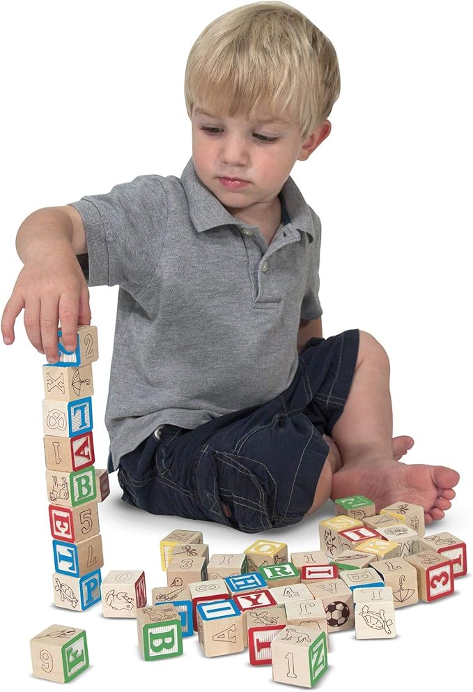 Melissa & Doug Deluxe Wooden ABC/123, 50-Piece Set of Classic Letter & Number Wooden Blocks (1” x 1”) with Storage Pouch, Sorting & Stacking Toys for Kids Ages 2+