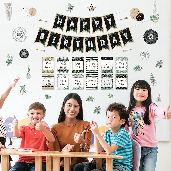48 Pcs Classroom Happy Birthday Bulletin Board Sets Decorations, Eucalyptus Greenery Plant Birthday Classroom Decor, Nature Birthday Chart Poster Wall Classroom Themes Decoration Cutouts Sets Bundle
