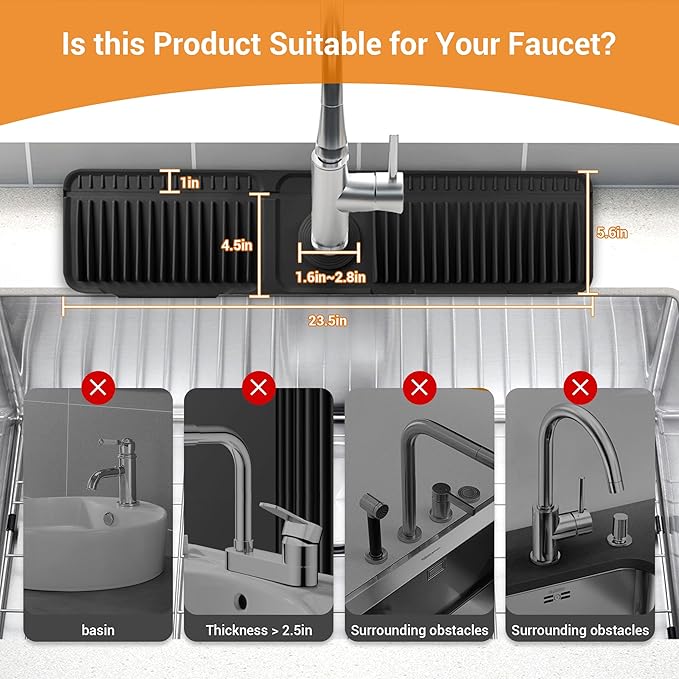 Faucet Mat for Kitchen Sink, 24"X5.5" Silicone Sink Splash Guard with Soap Holder, Snap-On Design & 7°slope Fast Drain, Folding Sink Faucet Mat for Universal Kitchen Bathroom Sink（Black）