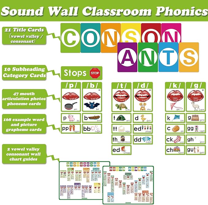 Vowel Valley & Consonants Sound Wall Classroom Phonics Set, Speech Therapy Accessories, Phonemic Awareness, ESL Teaching Material, Science of Reading Manipulatives Teaching Guide