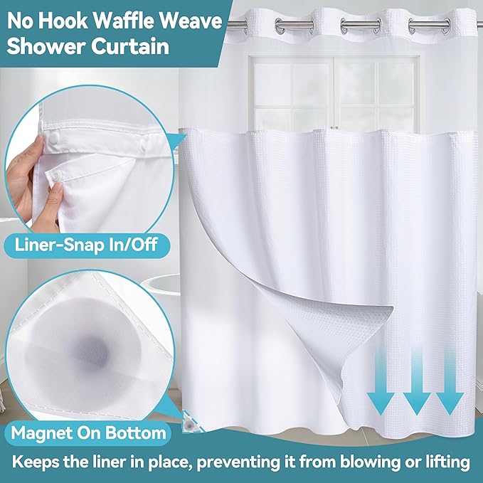 Conbo Mio Stall No Hook Waffle Weave Shower Curtain with Snap in Liner Set, Hotel Luxury White Shower Curtains for Bathroom with See Through Top Window, Waterproof, Washable 54W x 74H