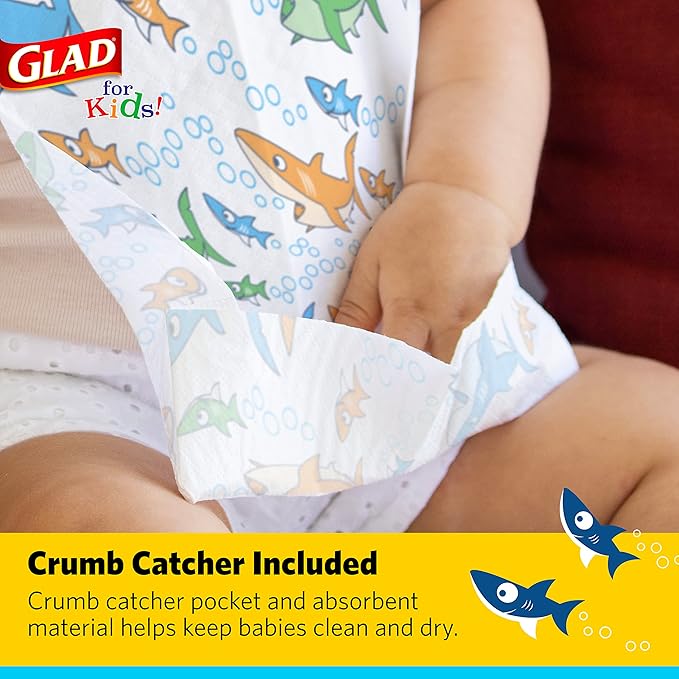 Glad for Kids Shark Disposable Paper Bibs with Crumb Catcher, Absorbent Leakproof Bibs for Toddlers and Babies, Mess Free Feeding, Crafts, Parties, and Travel Use, 30 Count