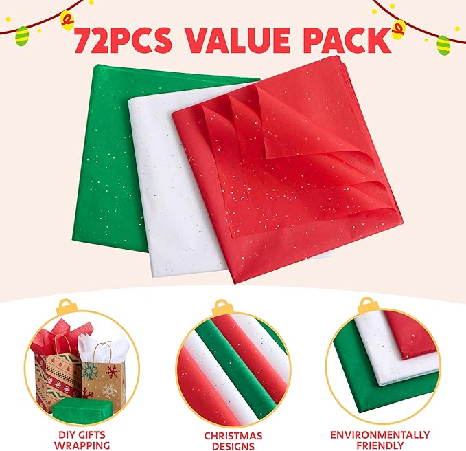 JOYIN 72 Sheets Glitter Tissue Paper for Gift Bags, Red Green White Tissue Paper for Gift Wrapping Supplies, 20" x 20" Christmas Wrapping Paper for Gift Wrap DIY Craft Decorations