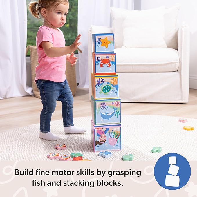 Melissa & Doug® Ms. Rachel™ Sort and Count Nesting and Stacking Blocks with Wooden Fish Preschool Learning Toy for Boys, Girls - FSC Certified