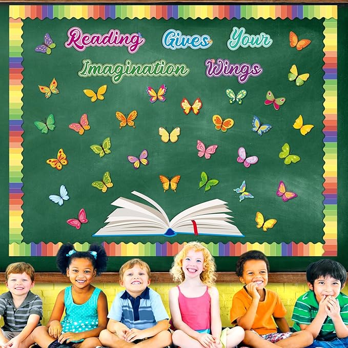 Reading Bulletin Board Decorations Set Classroom Spring Butterfly Bulletin Board Borders Cutouts Decor Reading Gives Your Imagination Wings School Bulletins Boards Craft Home Wall(Read)