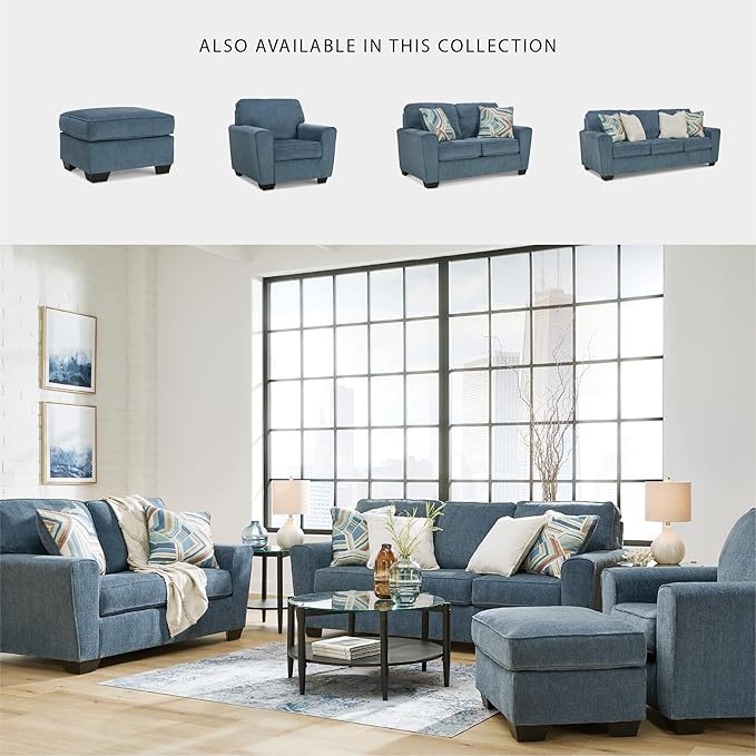 Signature Design by Ashley Cashton Contemporary Accent Ottoman with Faux Wood Finished Exposed Feet, Foam Cushion, Crosshatched Upholstery, 30" by 24", Blue