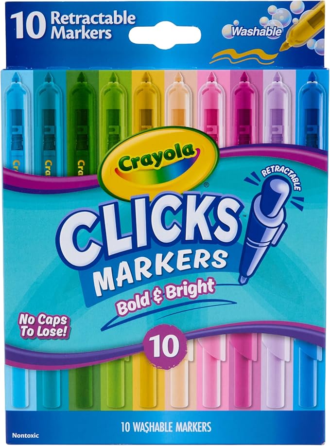 Crayola Clicks Retractable Markers - Bold (10ct), Essential Easter Basket Stuffers, Spring Craft Supplies, Gifts for Kids & Toddlers, No Dry Washable Markers for Kids