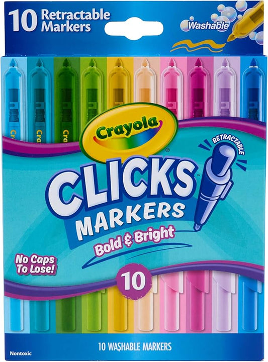 Crayola Clicks Retractable Markers - Bold (10ct), Essential Easter Basket Stuffers, Spring Craft Supplies, Gifts for Kids & Toddlers, No Dry Washable Markers for Kids