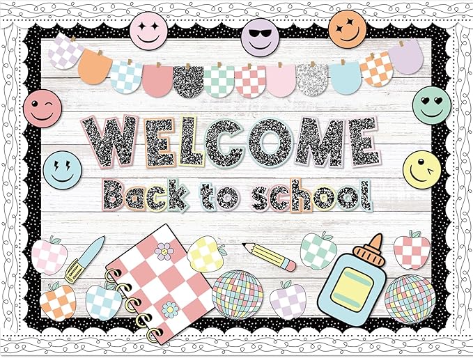 94 Pcs Composition Notebook Classroom Decor Welcome Back to School Bulletin Board Set Checkered Classroom Decor Pencil Apple Paper Cutouts for First Day of School Party Wall Door(Natural)