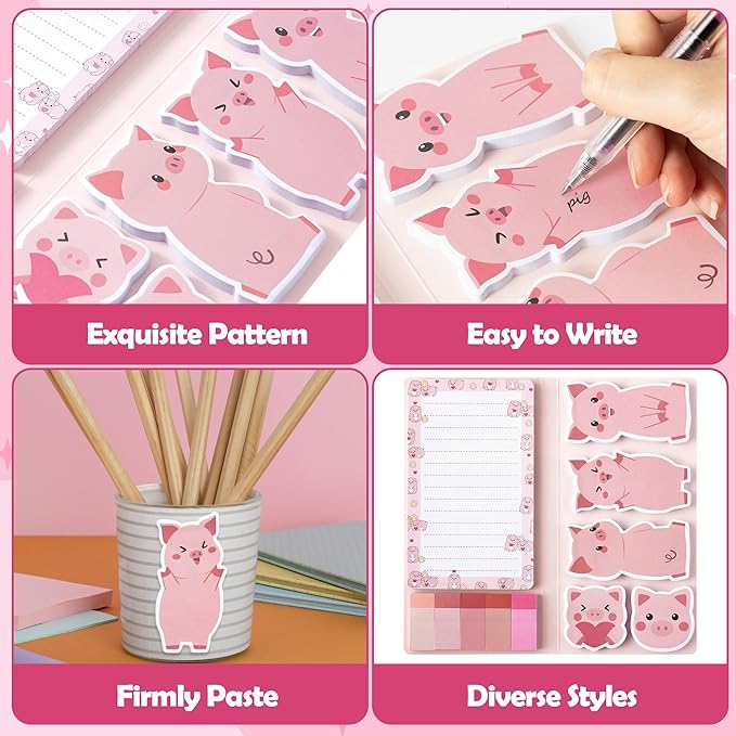 B1ykin Cute Sticky Notes Set - I Just Really Like Piggy Self-Stick Notes Pad, 550 Sheets Writing Memo Pages Sticky Notepad for Teacher Appreciation Gift, School Office Party Supplies (Pink Piggy)