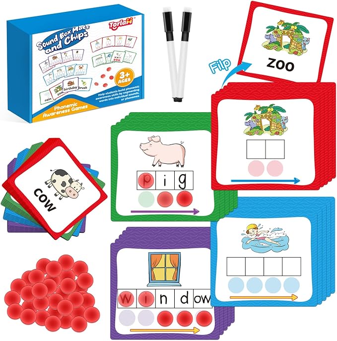 Torlam Elkonin Boxes Phonemic Awareness Phonics Games, Reading Spelling Sound Manipulatives Sight Word Flash Cards, Speech Therapy Toy Kindergarten Elementary Classroom Must Haves Homeschool Supplies