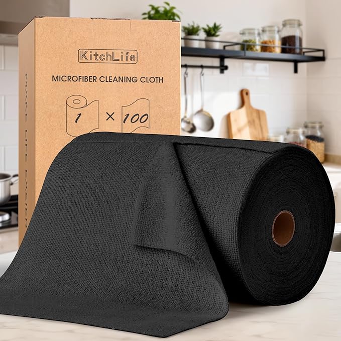 KitchLife Microfiber Cleaning Cloth Roll, 100 Pack - Tear-Away Microfiber Paper Towels, Lint-Free, Reusable, Washable for Kitchen, Car, Dishes, and Sensitive Surfaces (Black)