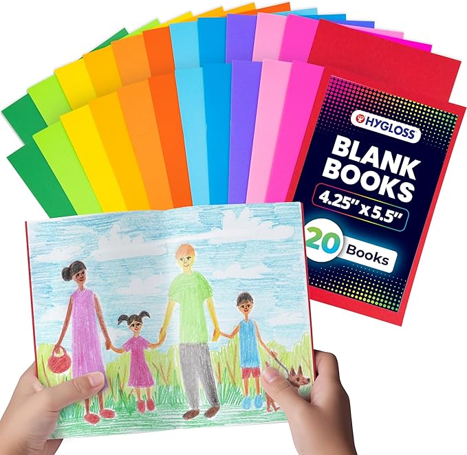 Hygloss Blank Books - Bulk 20 Pack – 4.25" x 5.5" A6 Assorted Colors – Paperback Blank Books for Kids to Write Stories, Doodle Art – Plain Drawing Sketchbook, Unlined Journal, Notebook Without Lines