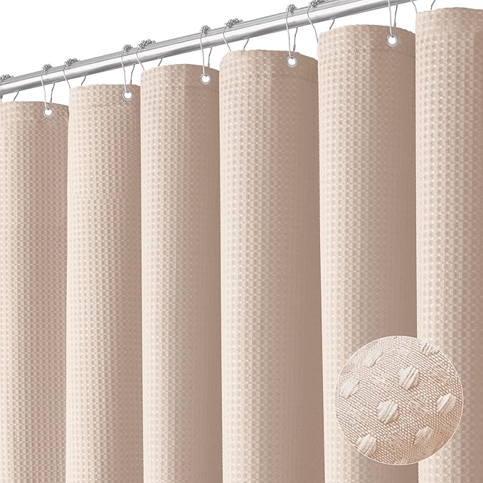 Dynamene Extra Long Shower Curtain - 96 Inch Long Waffle Weave Weighted Thick Cloth Bathroom Shower Curtain, Neutral Heavy Duty Hotel Bath Curtain Set with 12 Plastic Hooks,72x96, Blush Pink