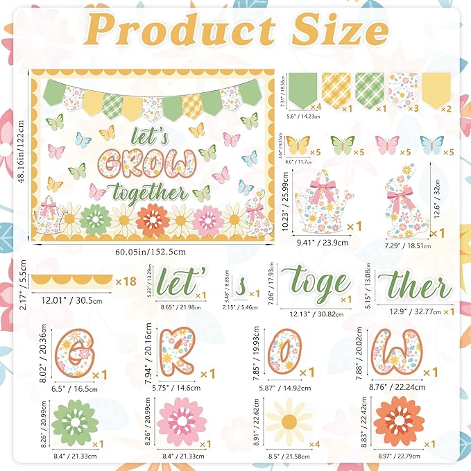 Spring Bulletin Board Decorations for Classroom - 66 Pcs Let's Grow Together Classroom Bulletin Board Set Butterfly Flower Cutouts for Spring Summer School Home Door Wall Decor Supplies