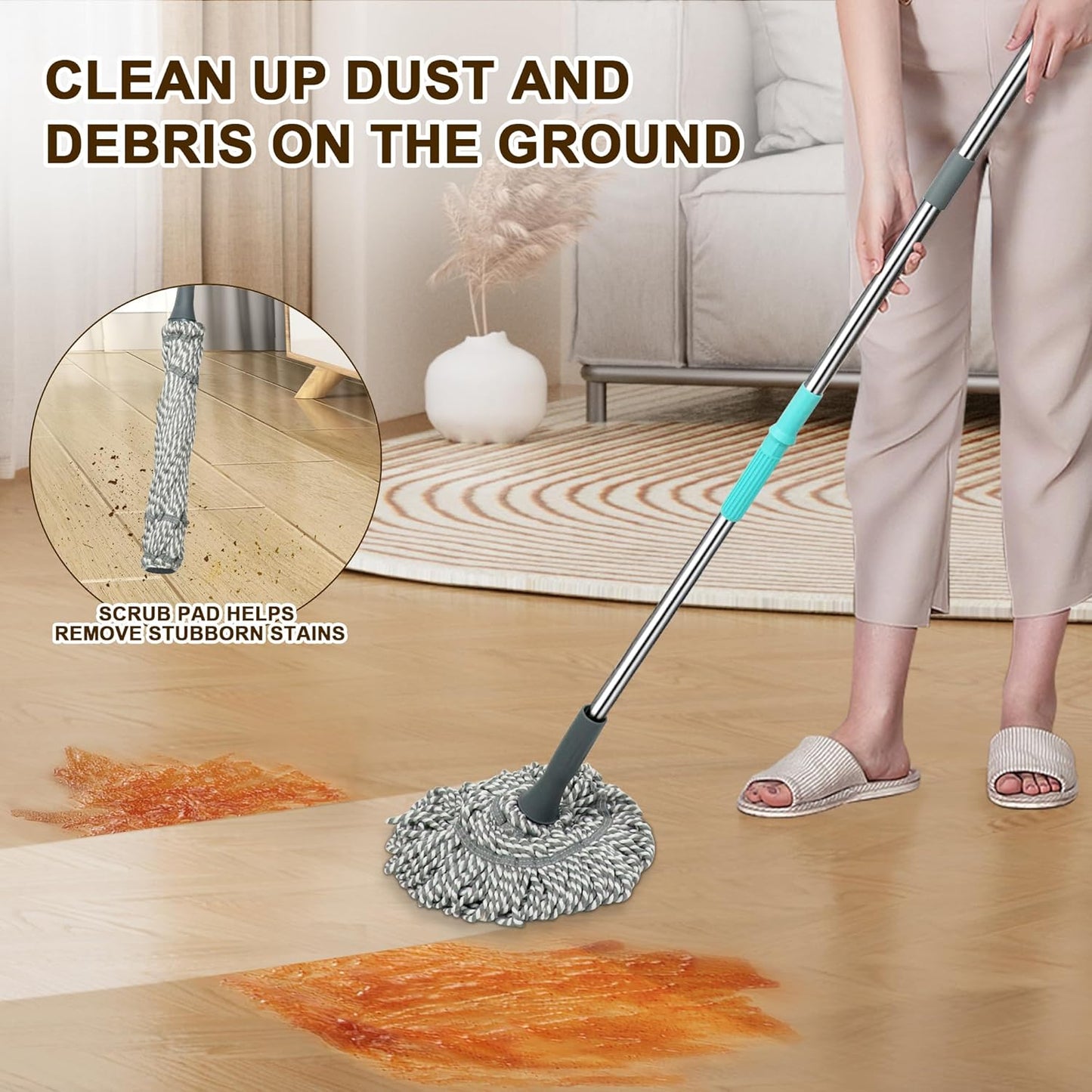 Self Wringing Mop - Easy Squeeze Twist Mop with 52.5 Inch Long Handle, Heavy Duty for Hardwood, Tile, Vinyl & Laminate Floors (Gray)