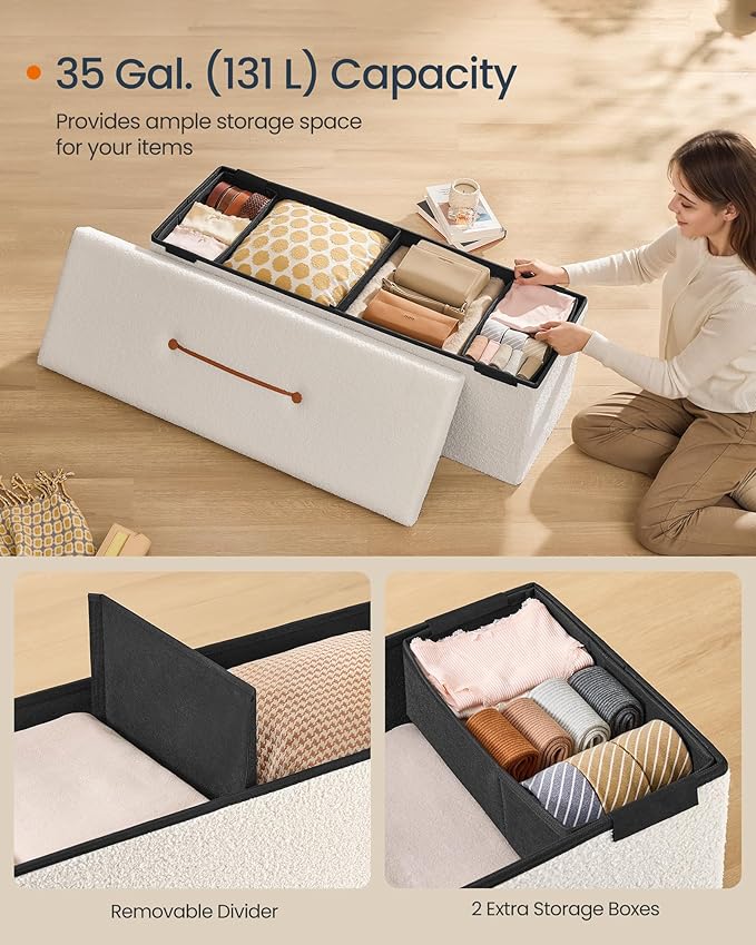 SONGMICS Storage Ottoman Bench, Storage Chest, 15 x 43 x 15 Inches, Foot Rest Stool, End of Bed Bench, Load up to 660 lb, for Living Room, Bedroom, Entryway, Cream White ULSF097W01
