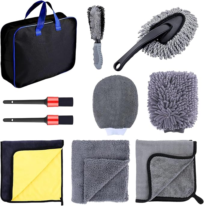 Premium Car Cleaning Kit with Bag - Professional Car Washing & Car Detailing Set, Includes Car Wash Mitts, A Game-Changing Microfibre Drying Towel, Waffle Cloths & Trio Of Brushes For A Deep Clean
