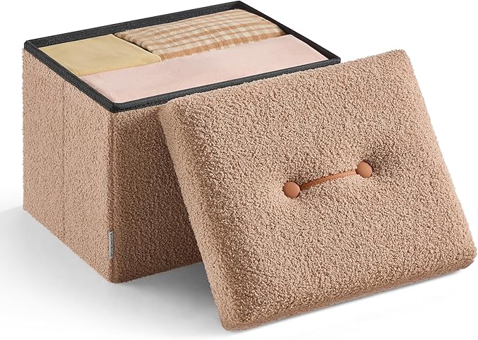 SONGMICS Small Folding Storage Ottoman, Foot Rest Stool, 12.2 x 16.1 x 12.2 Inches, Ottoman with Storage, Load up to 286 lb, for Living Room, Bedroom, Dorm, Camel Brown ULSF094K01