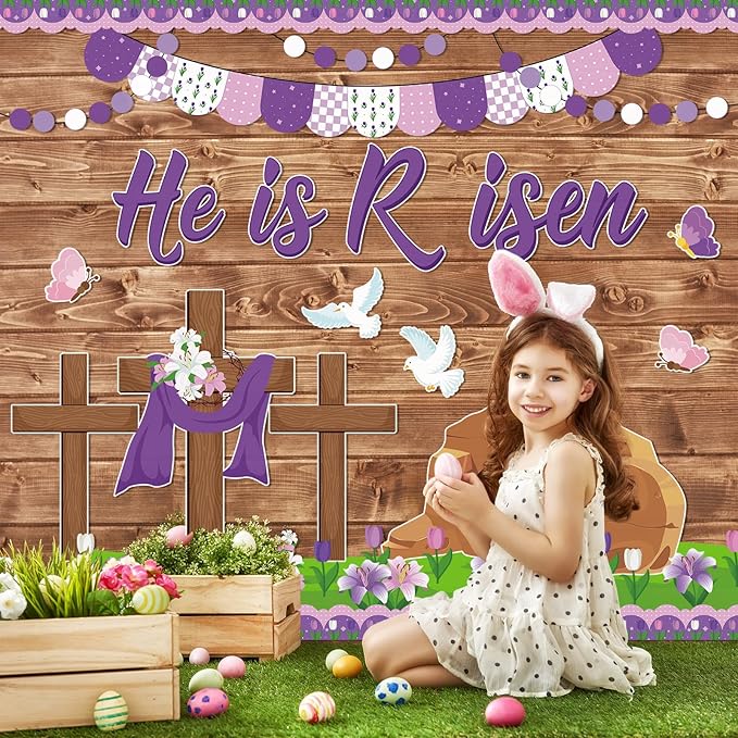 Supervitae 86 Pcs Christian Easter Bulletin Board Decorations Set Religious Easter Classroom Decorations He is Risen Paper Cut Outs for School Nursery Spring Birthday Party Supplies