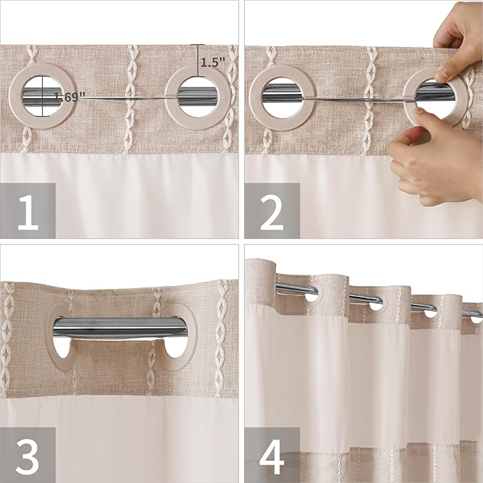 No Hook Extra Long Shower Curtain Set with Snap-in Liner,Linen Textured Thick Striped Fabric with Tassels,Boho Chic Modern Farmhouse Bathroom Curtain,Water-Repellent,Tan/Taupe,71x86