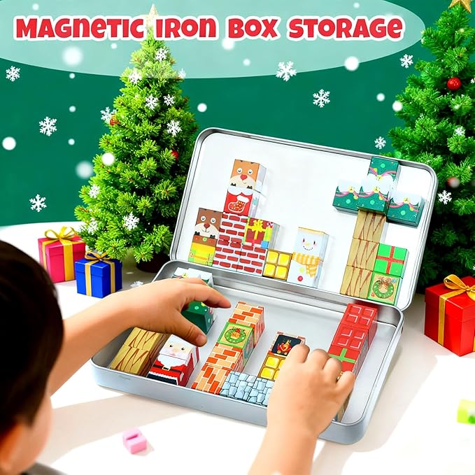 Christmas Magnetic Blocks-45PCS Xmas-Themed Building Blocks for Boys & Girls Aged 3-8 STEM Stacking Toys Games for Kids Toddlers