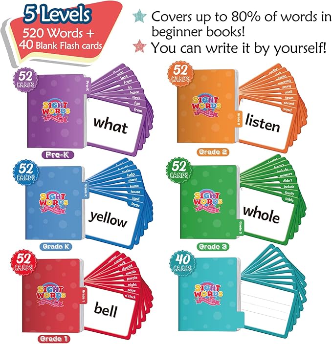 Torlam 520 Sight Words Flash Cards Kindergarten Homeschool Supplies with Card Folders & Rings - High Frequency Site Word for Pre-k Kindergarten 1st 2nd 3rd Grade