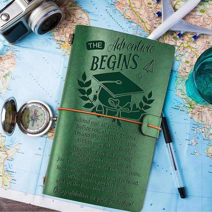 PRSTENLY Graduation Gifts Leather Journal, Graduation Gifts for Her Him 140 Page Refillable Journal, High School University College Graduation Gift Ideas for Women Men(Green)