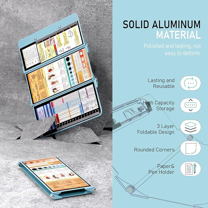 Nursing Clipboard Foldable, Foldable Clip Board w/Nursing Edition Cheat Charts, 3 Layers Aluminum, Nurse Board w/Low Profile Clip&Pen Clip Pocket for Students, Nurses and Doctors, Mint