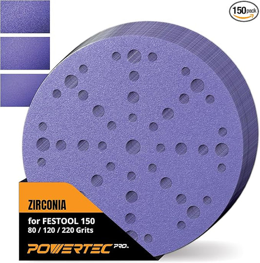POWERTEC PRO 46100Z-150 6 Inch 49 Holes Sanding Disc, 150PK, 50 Each of 80/120/220 Grit, Zirconia Hook and Loop Sandpaper for Festool Random Orbital Sanders - Automotive, Paint, Metal, Woodworking
