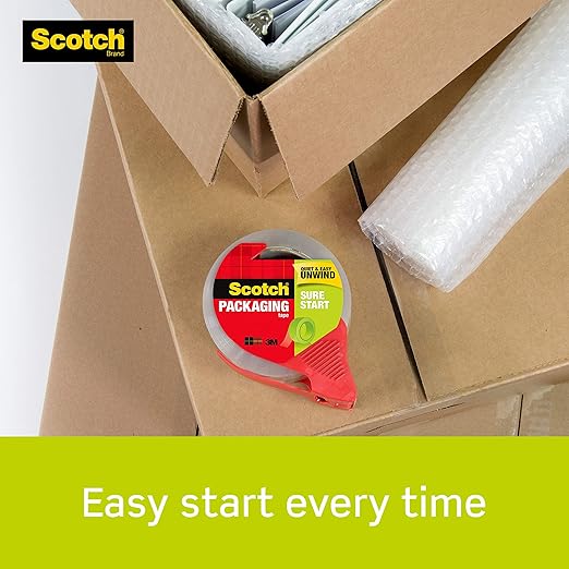 Scotch Sure Start Shipping Packaging Tape, 1.88"x 38.2 yd, Designed for Packing, Shipping and Mailing, Quiet Unwind, No Splitting or Tearing, 1.5" Core, Clear, 1 Dispensered Roll