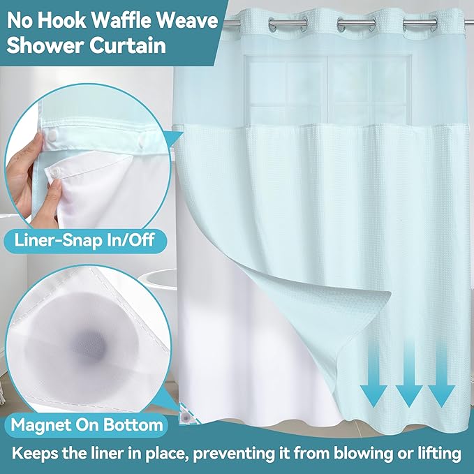 Conbo Mio No Hook Waffle Weave Shower Curtain with Snap in Liner Set, Hotel Luxury Blue Shower Curtains for Bathroom with See Through Top Window, Waterproof, Washable 71W x 74H