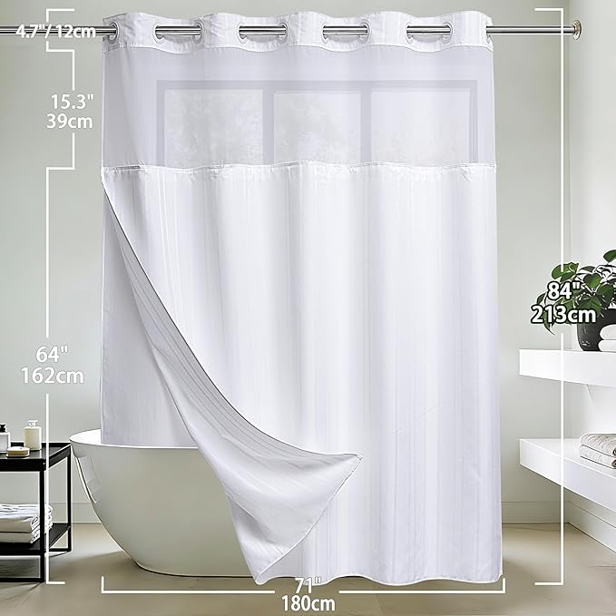 Conbo Mio Extra Long No Hook Waffle Weave Shower Curtain with Snap in Liner Set, Hotel Luxury White Shower Curtains for Bathroom with See Through Top Window, Waterproof, Washable 71W x 84H Stripe