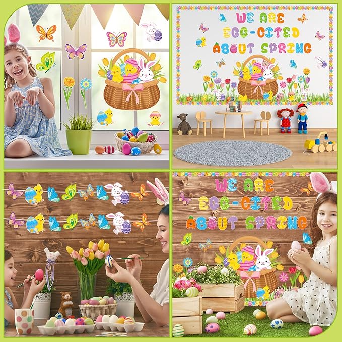 Pasimy Easter Bulletin Board Decorations Set Christian Easter Classroom Decorations Easter Bunny Egg Paper Cut Outs for School Nursery Spring Easter Birthday Party Supplies(Bunny)