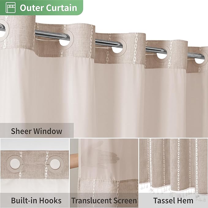 No Hook Stall Shower Curtain with Snap-in Fabric Liner - 54x80 Heavy-Duty Linen Textured Striped Design,Narrow Rustic Modern Farmhouse Bohemian Bathroom Curtain,Water-Repellent,Tan/Taupe
