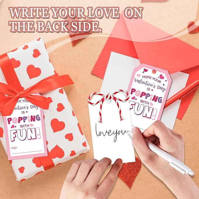 50 Pcs Have A Poppin Valentines Day Sticker Label, Valentine Gift Tags with String, Gift Label Paper Tags Labels Idea Valentines Activity Party Favors-Pink