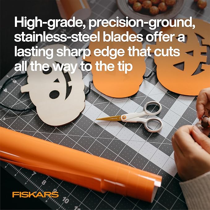Fiskars Micro-Tip Scissors, Precision Cutting Shears, Titanium Blades & SoftGrip Handle for Intricate Cuts, 5”, White/Gray
