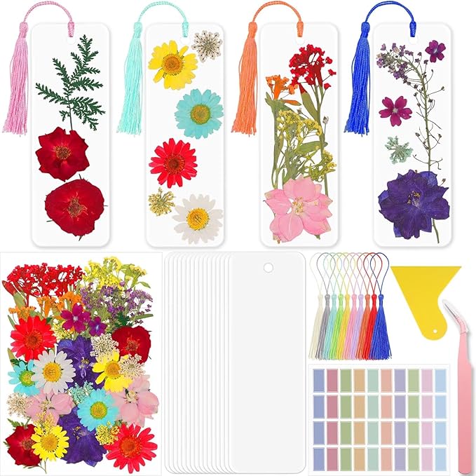 DIY Bookmark Making Kit - No Laminator Needed – 83 PCS Self-Adhesive Clear PVC Bookmarks with Dried Flowers & Tassels, Peel & Stick Bookmarks for Book Lovers & Back to School Gifts Bulk
