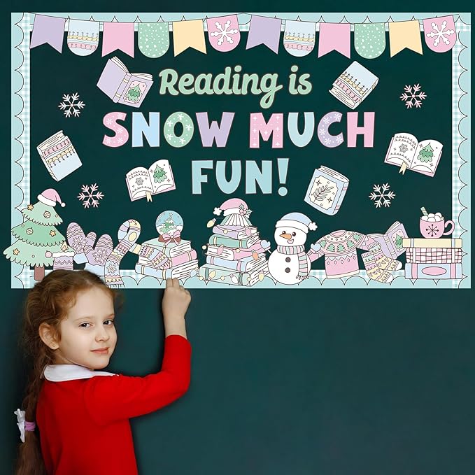 Winter Bulletin Board Set Pastel Winter Reading Classroom Decoration Kit Snowman Snowflake Sweater Christmas Tree Cutouts for Holiday Xmas School Classroom Chalkbaord Home Office Decor Supplies